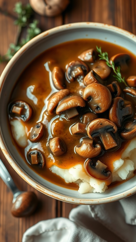 Delicious mushroom gravy served over mashed potatoes, garnished with thyme on a rustic wooden table.